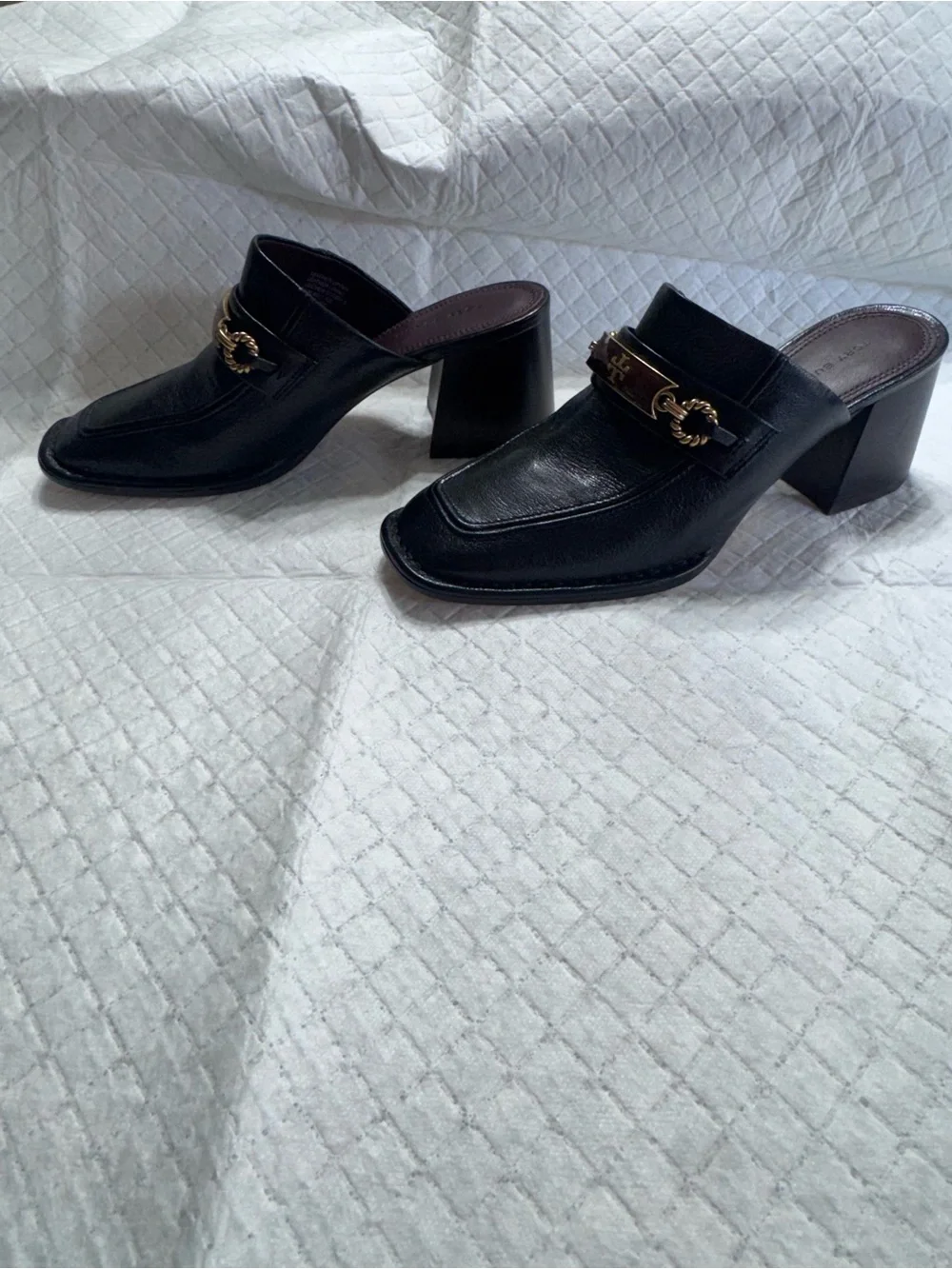 Tory Burch Perrine Black Leather Logo-Trim Block Heel Mules